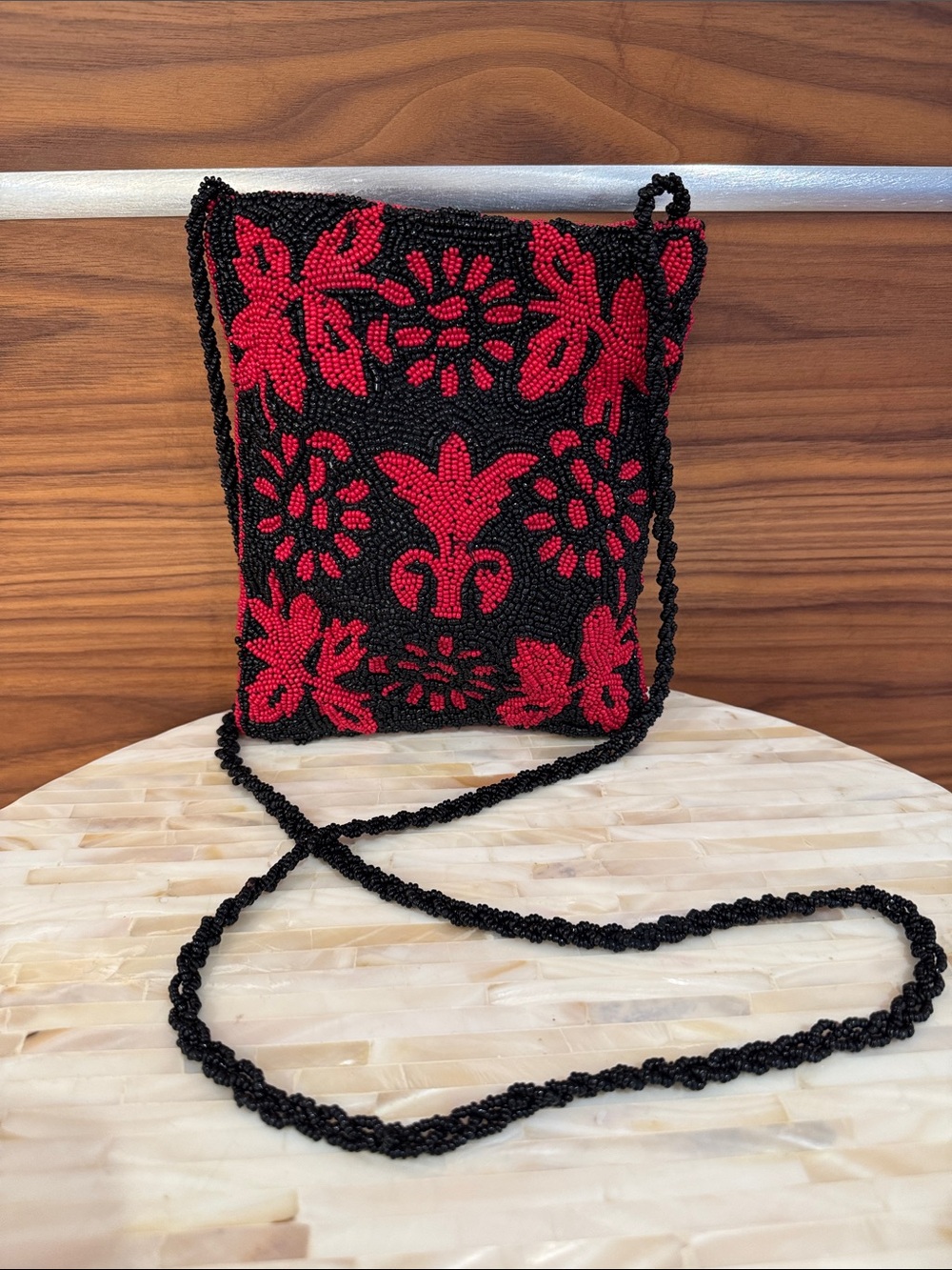 Beaded Red & Black Floral Crossbody Bag by Christiana